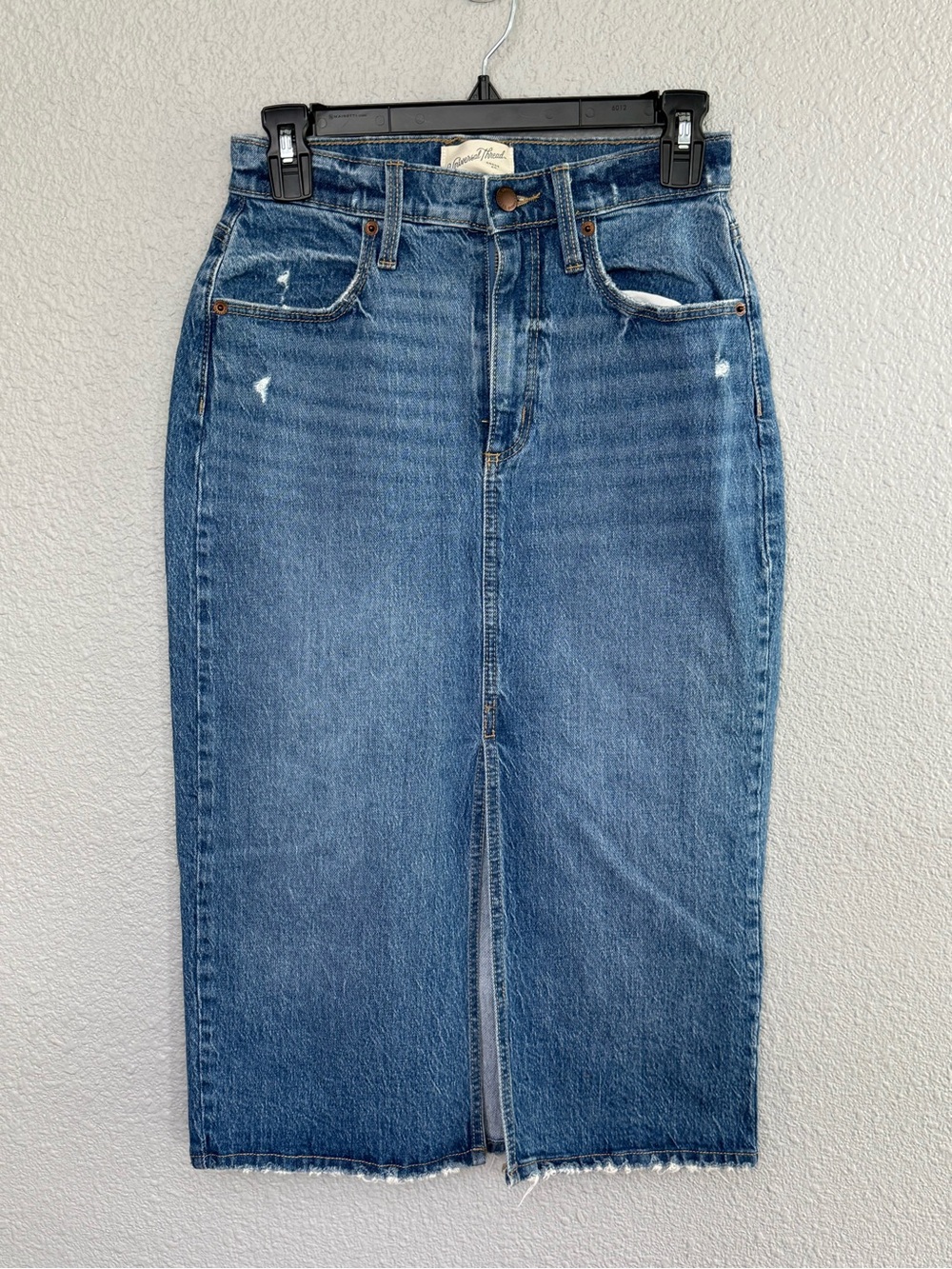 NWT Denim Midi Skirt Size 2 Front Slit Distressed
